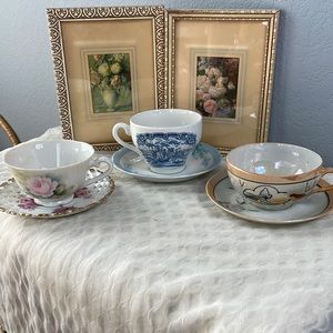 Vintage Antique Mismatched Set of 3 Floral Tea Cups & Plates